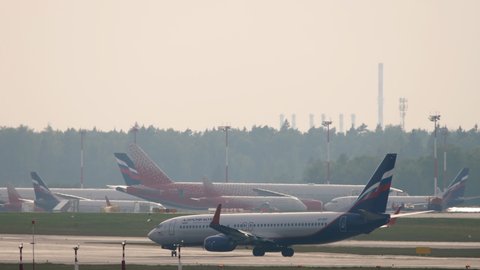 MOSCOW, RUSSIAN FEDERATION - JULY 29, 2021: Boeing 737 of Aeroflot taxiing to the runway for departure at Sheremetyevo airport. Aviation and travel concept
