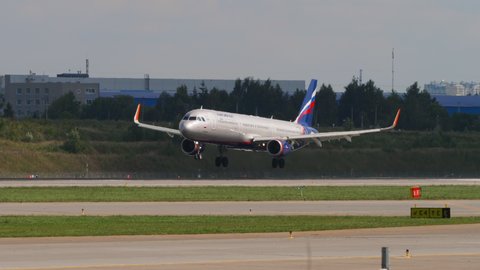 MOSCOW, RUSSIAN FEDERATION - JULY 31, 2021: Airbus A321-211, VP-BAZ Aeroflot landing at Sheremetyevo airport, Moscow (SVO). Tourism and travel concept