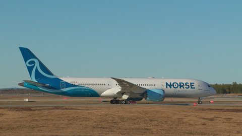 Oslo Airport Norway - April 22 2022: airplane boeing 787 dreamliner norse atlantic airways rondane taxiing