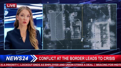 Split Screen Montage TV News Live Report: Anchorwoman Talks about Story Segment with Video Showing Top Down Satellite Surveillance of War Crimes Commited. Television Program Cable Channel Playback