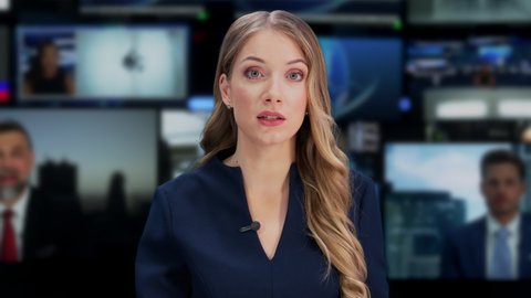 TV Live News Program with Female Presenter Reporting. Television Cable Channel Evening Show about Daily Events. Mockup Network Broadcasting Playback in Newsroom Studio. Medium Close-up Static Shot