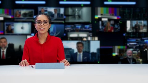 TV Live News Program with Professional Female Presenter Reporting. Television Cable Channel Anchorwoman Talks, Business, Economy, Entertainment. Mockup Network Broadcasting Playback in Newsroom Studio