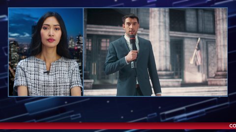 Split Screen Montage TV News Live Report: Anchorwoman Talks with Correspondent Reporting Outside Parliament, Court, Government. Politics, Economy. Television Program Cable Channel Playback. Luma Matte