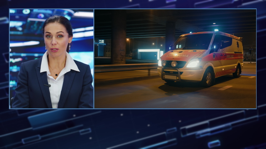 Breaking TV News Live Report Split Screen Montage: Anchorwoman Talks. Ambulance Emergency Doctors, Paramedics Saving Victim. Television Program Cable Channel broadcast Playback. Luma Matte | Shutterstock HD Video #1089665711