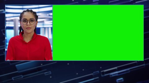 Split Screen TV News Live Report: Anchor Talks, Reporting. Reportage Montage with Picture in Picture Green Screen. Side by Side Chroma Key Display. Television Program Channel Playback. Luma Matte