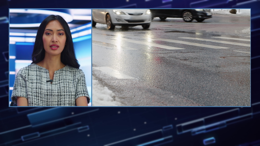 Split Screen TV News Live Report: Anchor Talks. Reportage Montage Covering: Economy, Business, City, Traffic, Green Solution, Real Estate Development. Television Program Channel Playback. Luma Matte Royalty-Free Stock Footage #1089666149