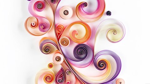 Abstract panel made of colored paper scrolled into curls and rolls. Quilling banner on a white background with copy space. Quilling paper art as a hobby.
