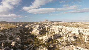 Drone flying in the sky above Cappadocia mountains with beautiful landscapes, Turkey Goreme