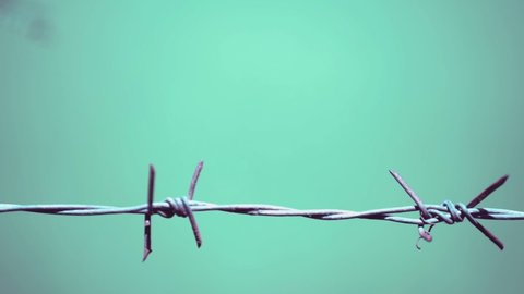 Close-up photo of rusted barbed wire fence sky background.soft focus.