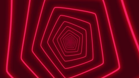 Abstract digital neon polygon shapes tunnel background. Futuristic sparkling animation pattern that moves forward of ruby red colors. Technology and cyber concept with copy space