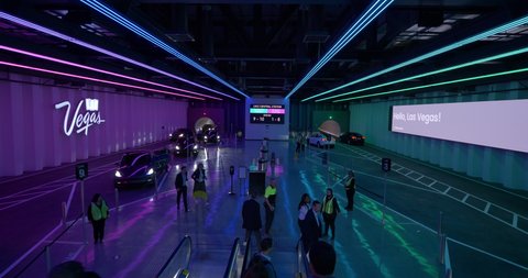 LAS VEGAS - Circa April, 2022 - A wide establishing shot of the Vegas Loop central terminal under the convention center.  	