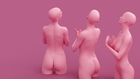 Modern minimal trendy surreal 3d render illustration, posing attractive mannequin model, human young character statue, row pink standing rotating clones, nude elegant beautiful pretty women.