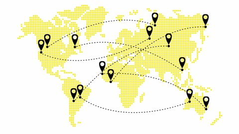 Animated planes fly along a trajectory. Airplane travel. Looped video. Airplane fly from one place to another. yellow world map from point pattern on a white background.
