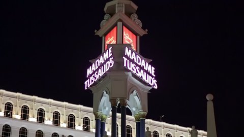 Las Vegas, USA - January 2016 : Madame Tussauds Las Vegas neons and tower at the Venetian hotel at night on the Strip in Las Vegas, Nevada, United States