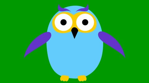 Animated funny blue owl flies. Looped video. Vector illustration isolated on a green background.