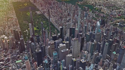 8K 60p 7680x4320.Skyscraper buildings in 3D modeling of New York city.Render footage in virtual augmented reality.Aerial flying cgi overlays cityscape after effect stock motion footage United States.