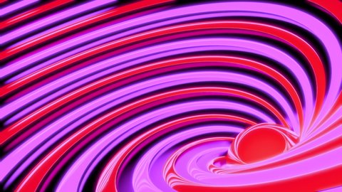 Abstract background with animated hypnotic hurricane of pink and red stripes. Design. Rotating bending contrasting lines.