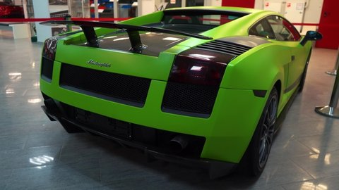 a light green Lamborghini stands in a museum. back view. April 28, 2022 Poland Warsaw.