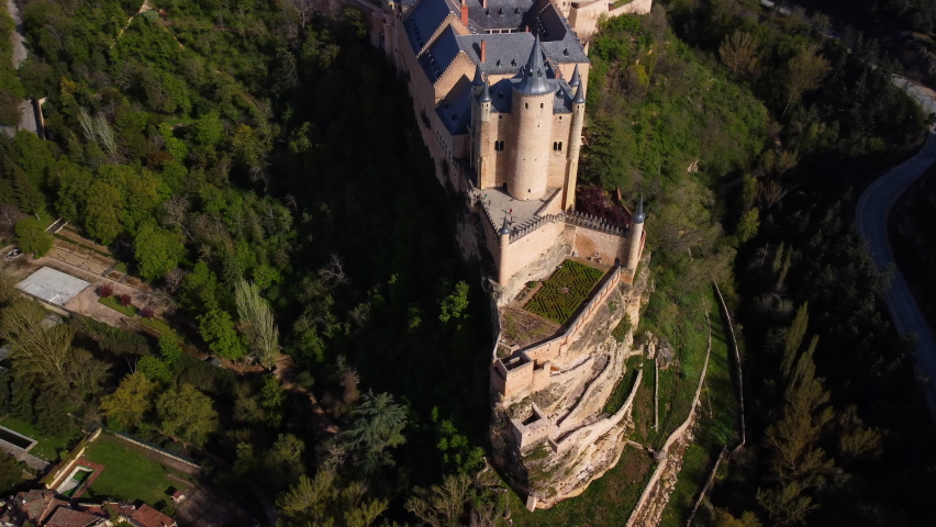 Aerial view of Segovia Alcazar, famous landmark in Segovia, Spain. High quality 4k footage