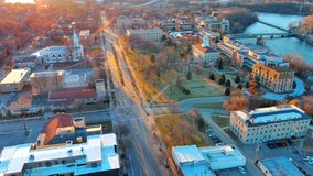 Springtime aerial views of scenic Appleton riverfront and College Avenue, moving aerial view.
