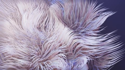Hair simulation. Volumetric lights. Live curls underwater like fur or multi-colored threads, hair. Mist and DOF bokeh effects. Mysterious background with live curved lines, close-up. 4k looped bg.