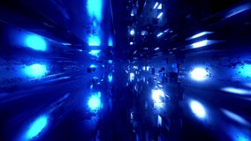 flight through hi-tech technology tunnel with camera shake. Neon light and mist, sci-fi constructions, mysterious 3d objects and hologram. Fly through technology cyberspace. 3d almost looped 4k bg