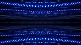 4k seamless looped animation. Fly through mirror symmetrical tunnel with neon pattern, sci fi glow pattern. Bright reflection neon light. Simple bright background, sci fi structure