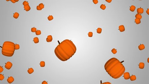 4K Stock Video of Halloween Spooky Pumpkins Flying and Falling Down 3D Animation. Rain of Pumpkin Icons on Orange Background for Autumn harvest and seasonal Thanksgiving or halloween Holiday concept