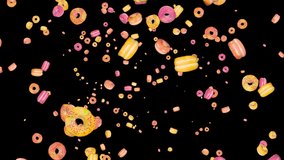 Delicious Flying sweet pink dessert Loop Animation Background. sweet donuts, chocolate and white frosting doughnuts, tasty unhealthy dessert. donut national day, gourmet food.