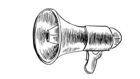 2D megaphone animation in sketch style on a white screen. 2D loudspeaker in linear style. Stock video with a symbol of propaganda. Motion megaphone movement.
