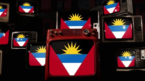 Flag of Antigua and Barbuda and Vintage Televisions. 4K Resolution.