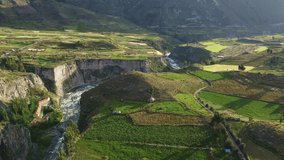 Chivay, Colca Canyon, Peru: Drone footage of the famous colca river and its canyon near Chivay in the Arequipa region in the Andes in Peru in south Amercia