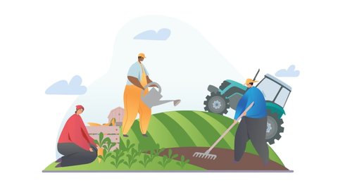 Farming and growing local food video concept. Moving men and women plant vegetables and cereals, plow field with tractor or rake and harvest ripe carrots. Agriculture. Flat graphic animated cartoon
