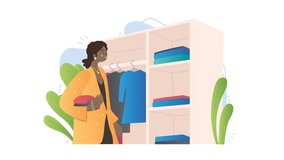 Garment care scene video concept. Young moving woman folds clothes and puts them on shelves in closet. Housewife organizes storage system in wardrobe and decluttering. Flat graphic animated cartoon