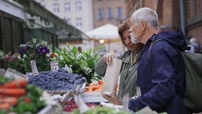 Happy senior couple tourists buying fruit outdoors on market in town. - Powered by Shutterstock - Get 15% off with code: PIKWIZARD15