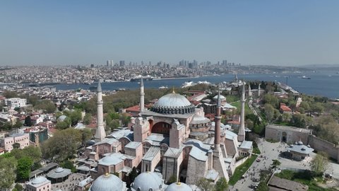 Renovated Blue Mosque and Hagia Sophia Drone Video, April 2022 Fatih, Istanbul Turkey