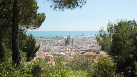 View of the Barcelona cityscape with La Sagrada Familia basilica from a hill, surrounding nature. Focus from foreground to background.