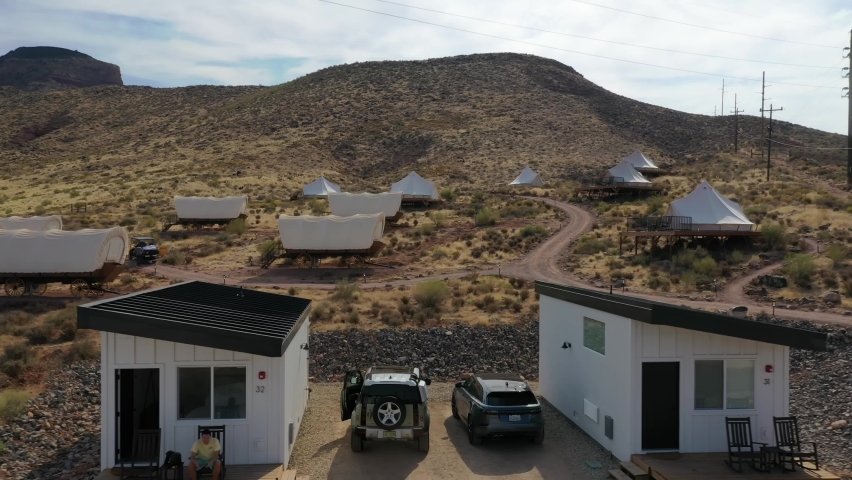Camping Destination At Zion Wildflower Resort - Glamping In Zion National Park, Utah. Aerial Pullback Shot
