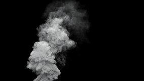 White massive smoke steam column on black bg, isolated - loop video