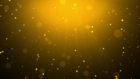 Animated background with slowly falling particles that are illuminated by light and the resulting rays. Light source at the top. Abstract scene for design. Golden color.
