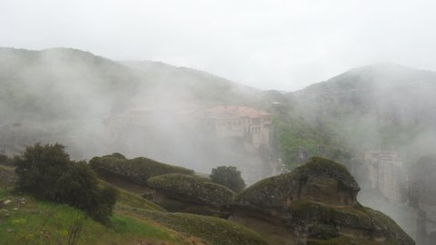 Rainy and Foggy Day in Kalambaka, Meteora Monastery, Greece, Time Lapse
