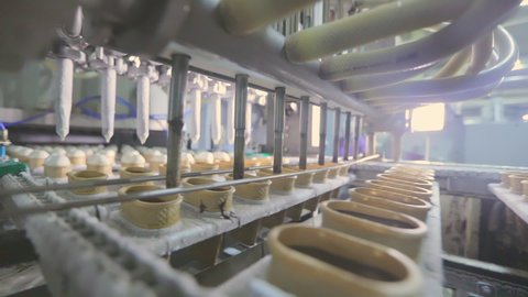 Automated production of ice cream. Ice cream production. Ice Cream Conveyor Line