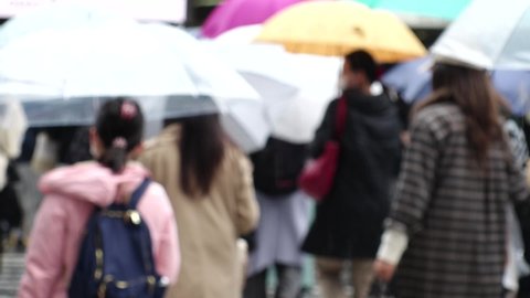 OSAKA, JAPAN - MAY 2021 : Back shot and unidentified crowd of people with umbrella, walking at the zebra crossing in rain. Slow motion shot. Japanese rainy season and city lifestyle concept video.