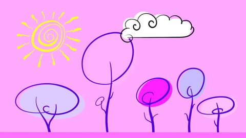 The girl flies with balloons against the background of autumn trees and the sky with a cloud and the sun. Looped flat animation with drawn characters.