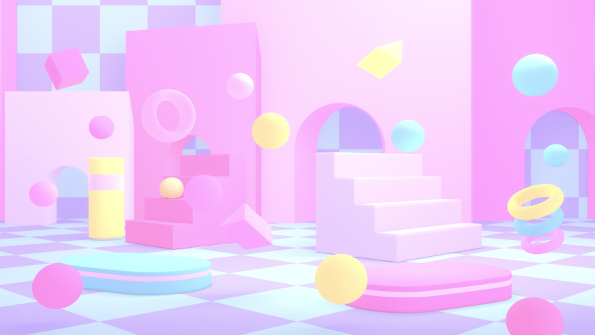 Looped abstract pink geometric room with stairs, podiums, corridors, and bouncing various geometric shapes animation. Royalty-Free Stock Footage #1089691299