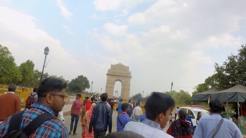 New Delhi, India, April 2020 - Crowd at India gate - Delhi tourism, rush, barricades, development, under construction . Local tourist at India gate - India War Memorial, Delhi monument