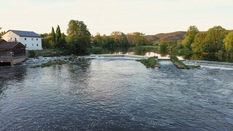 Footage of the barrage and weir of the river Regen in Markt Regenstauf in the Upper Palatinate, Germany