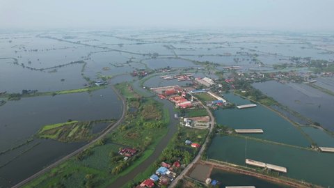 This is a drone view showing flooding of the rice field and village at Song Pi Nong, Suphanburi, Thailand.