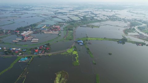 This is a drone view showing flooding of the rice field and village at Song Pi Nong, Suphanburi, Thailand.