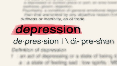 Sukabumi, Indonesia, April 25 2022: The Word Depression Red Highlighted in a Dictionary Animation